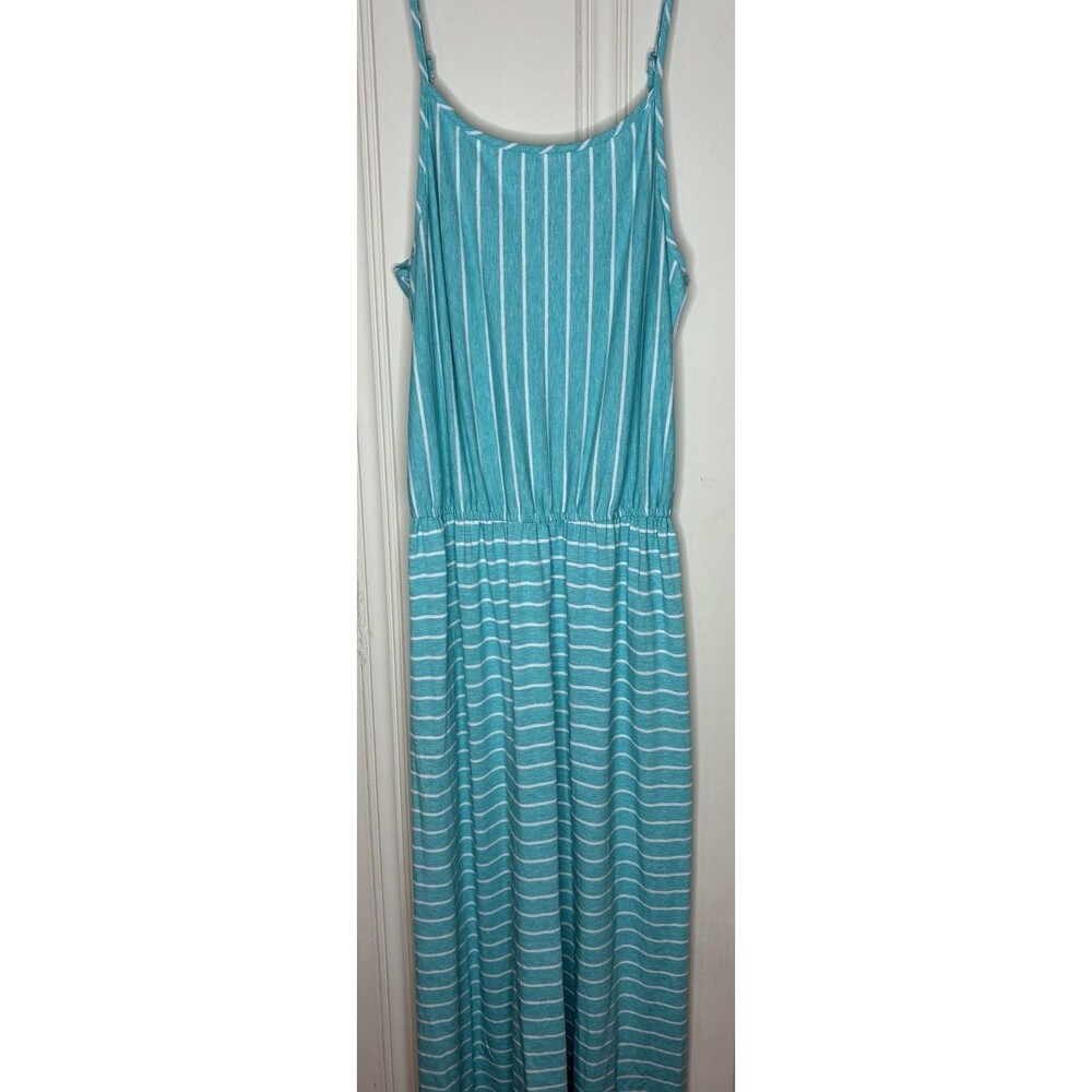 Striped stretch knit maxi dress teal white elastic waist Sz Med beachcore vacay